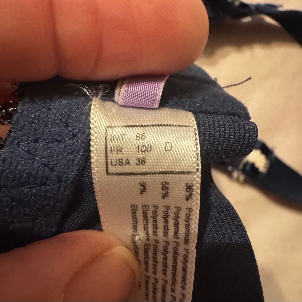Maison Lejaby 38D Navy Blue Embroidered Lace Bra Sheer Floral Underwire Made in - Picture 6 of 6